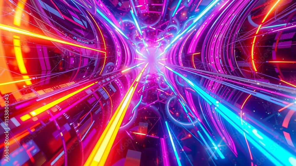 Poster abstract glowing lights in motion with vibrant colors and dynamic energy, creating a colorful and fu