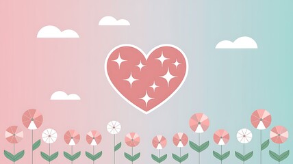Sparkling Heart Above Pastel Flowers And Clouds