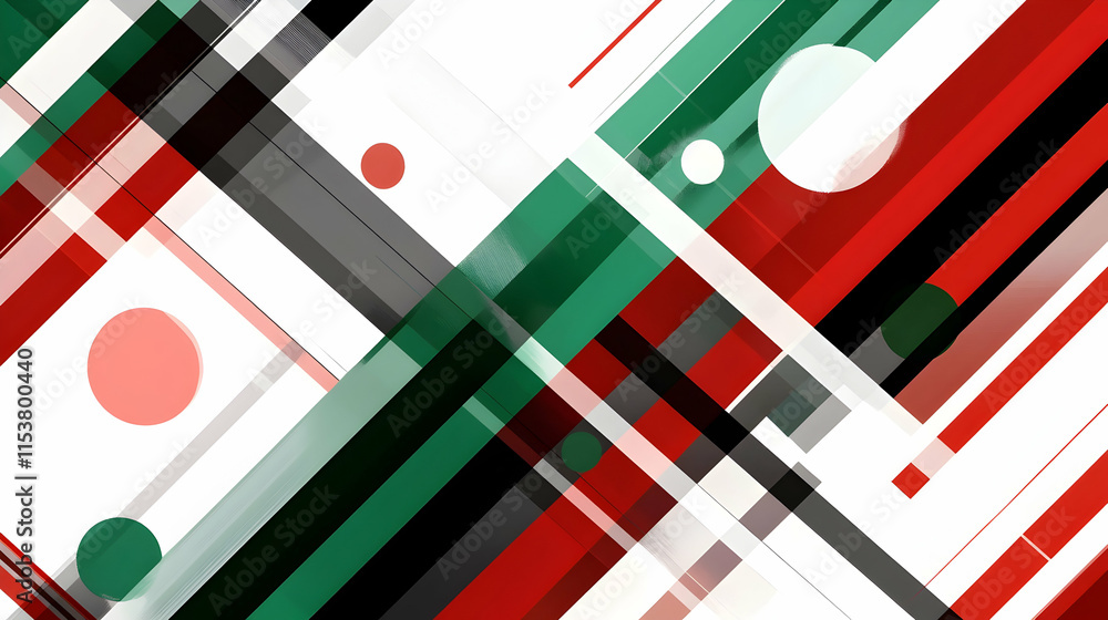 Poster abstract geometric design, red, green, & white intersecting lines and circles create a dynamic compo