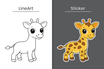 Cute cartoon baby deer vector outline and sticker. Cute baby deer line art flat illustration