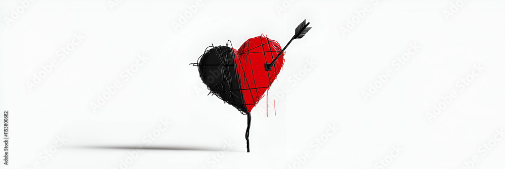 Poster abstract heart pierced by arrow, a study in contrasting colors and textures, symbolic of love's comp