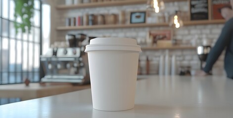 White coffee cup on modern cafe counter with blurred background