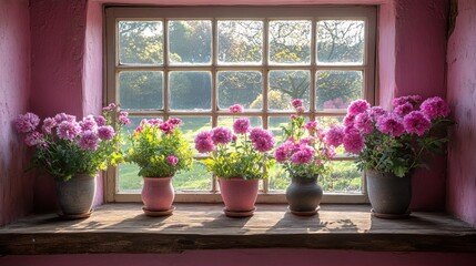 Fototapeta premium A serene window display featuring vibrant flowers in pots, enhancing the cozy atmosphere.
