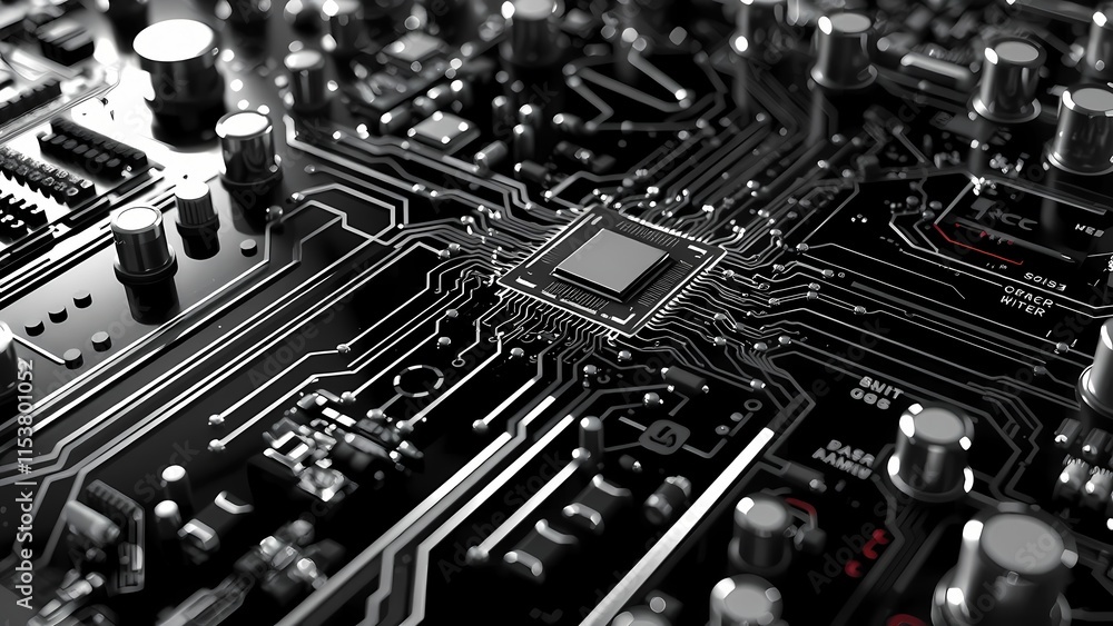 Poster closeup view of a detailed electronic circuit board with components and microchips showcasing techno