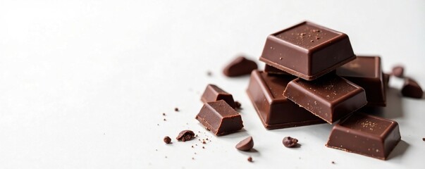 Pieces of dark chocolate on a white background, luxury, elegant