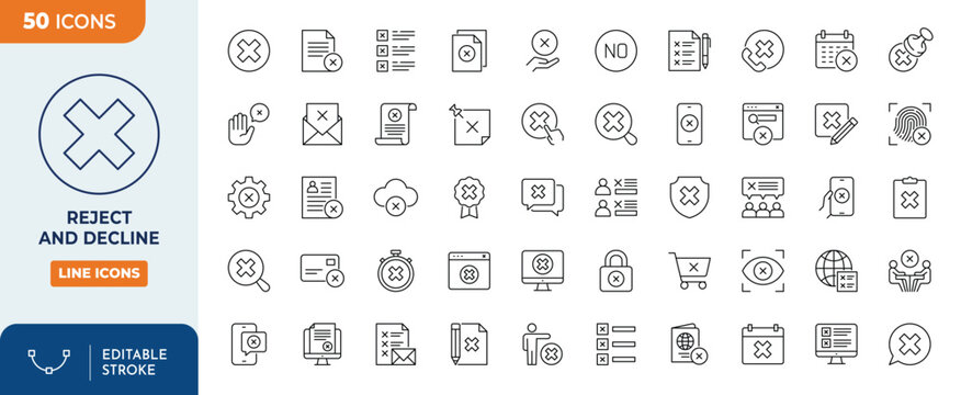 Reject and Decline icon set. Containing reject, refuse, cancellation, decline and more. Outline Icon Collection. Vector illustration. Editable stroke	