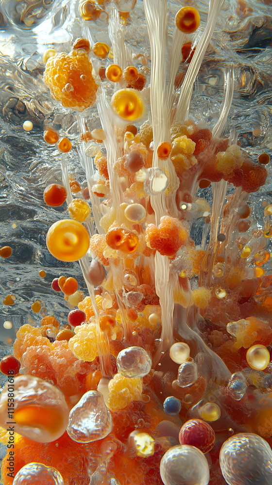 Poster abstract orange bubbles in liquid, vibrant colors swirl and intermingle, creating a stunning visual 
