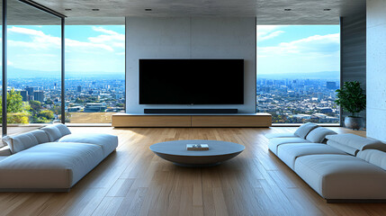 Modern Apartment Living Room with Panoramic City View, Featuring a Large Screen TV and Minimalist Furniture, Offers Relaxation and Entertainment.