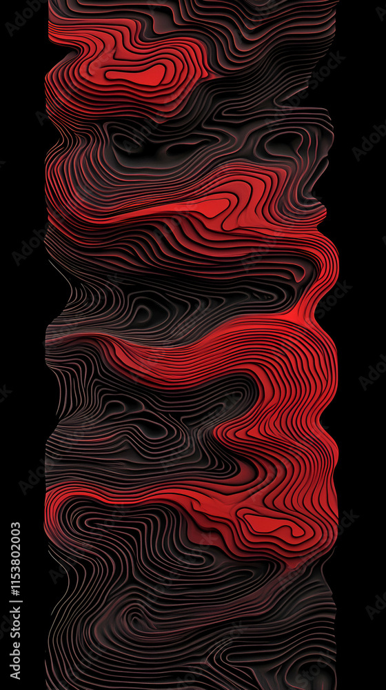Poster abstract red & black topographic waves, a dynamic, curving pattern of interlocking lines creates a v