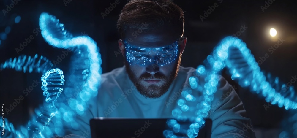 Aufkleber a scientist analyzes data with digital dna strands in a dark lab setting.