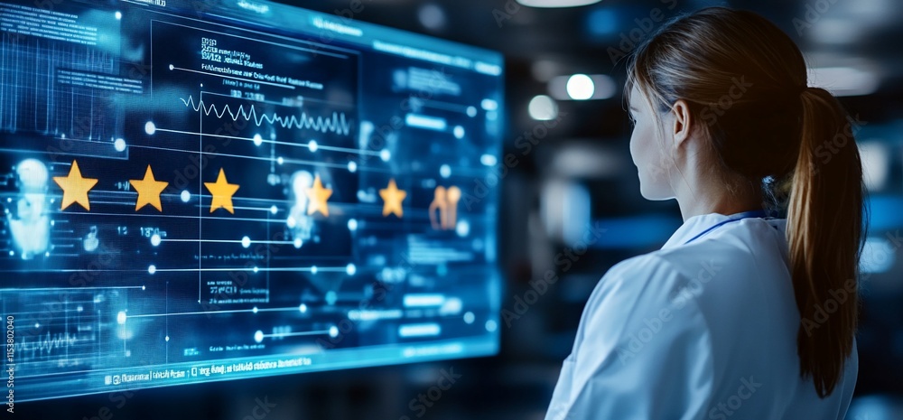 Poster a scientist analyzes data on a futuristic digital display.