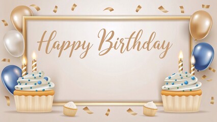 Balloon happy birthday banner, happy congratulations celebration anniversary luxury party shiny gold silver balloons and confetti banner poster, vector template
