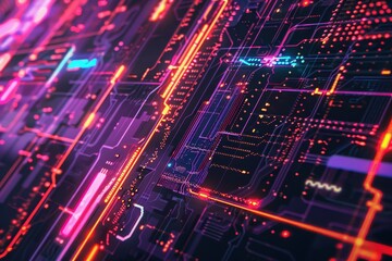 Fototapeta premium Glowing Circuit Board with Red and Purple Lines
