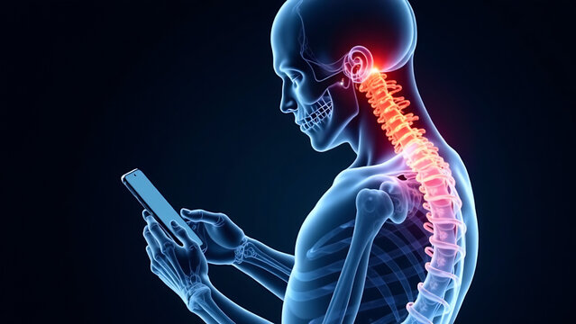 A detailed X-ray illustration showing a human skeleton using a mobile phone, poor posture effects, back and neck pain new image 