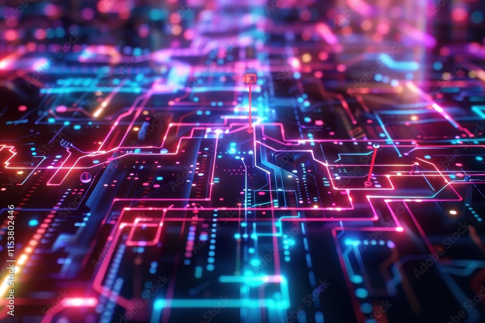Poster abstract neon circuit board with glowing lines and dots