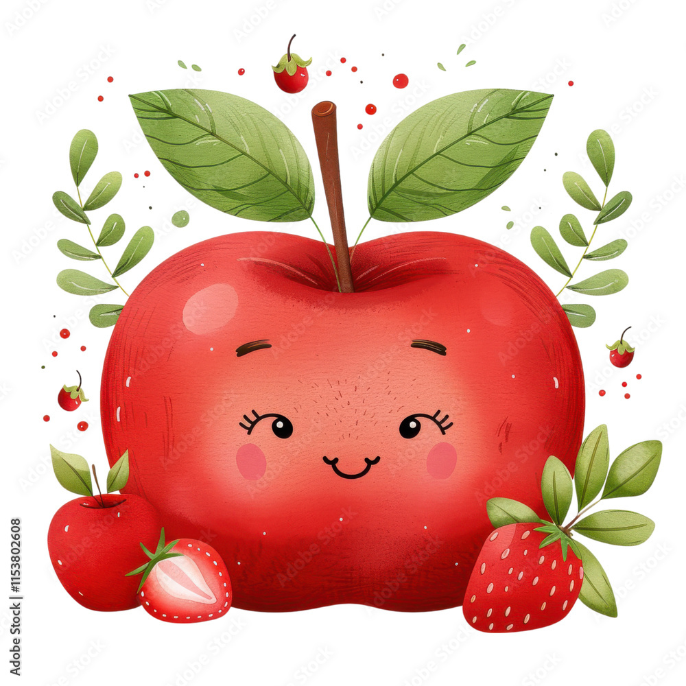 Sticker Cute Cartoon Apple Character with Strawberries and Green Leaves