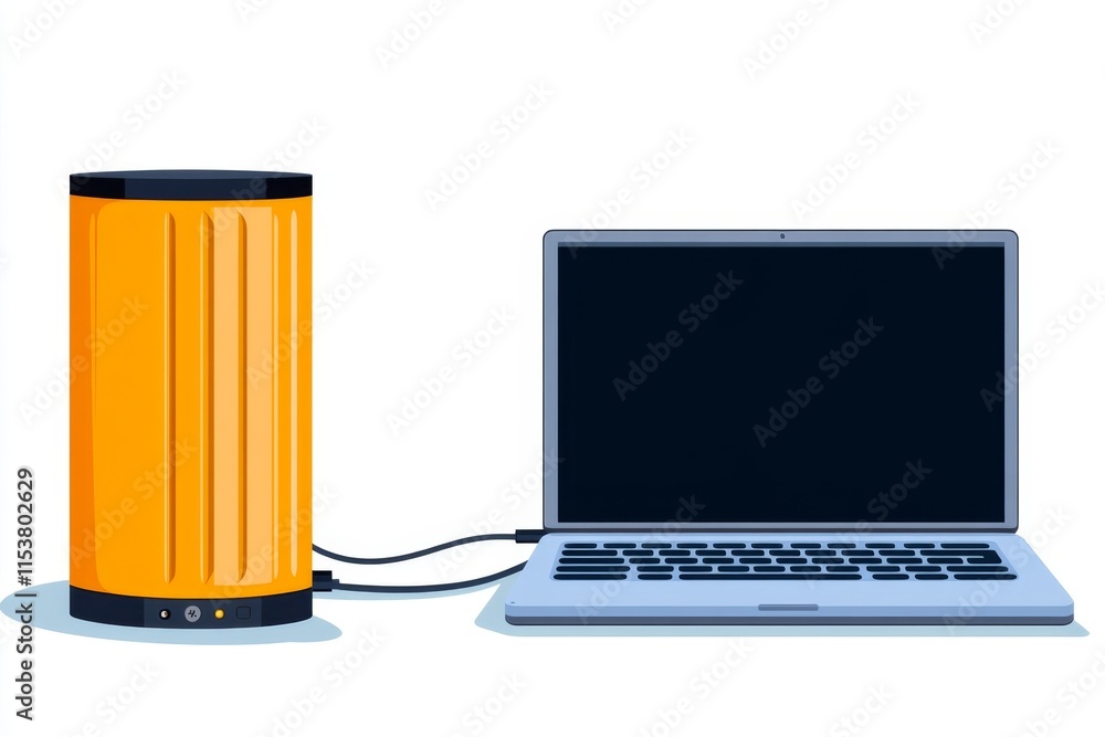 Poster A flat, colorful design of an external HDD connected to a laptop, symbolizing data transfer or backup processes