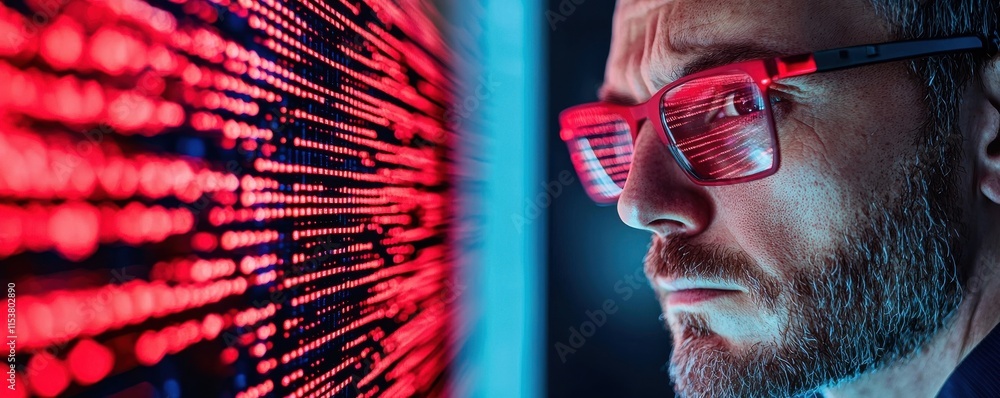 Poster close-up of a man analyzing data on a digital screen.