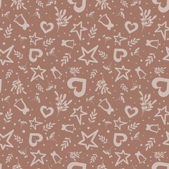 Christmas seamless pattern design, background New Year, Monochrome hearts, stars berries and mistletoe on mocha mousse background