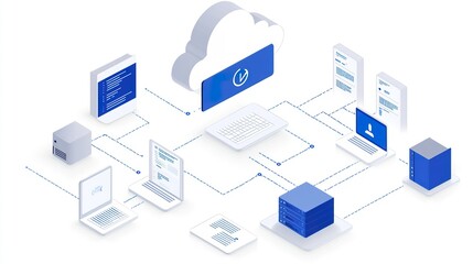 isometric a business environment where hybrid cloud solutions enable seamless collaboration across global teams