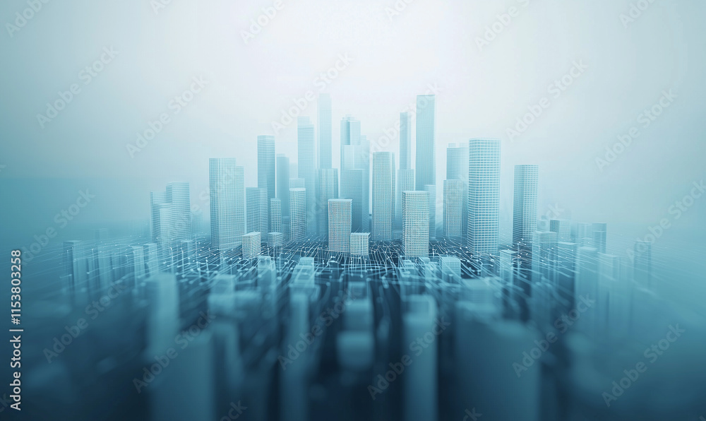 Poster futuristic cityscape with a hazy blue atmosphere, showcasing modern architecture and a sense of dept