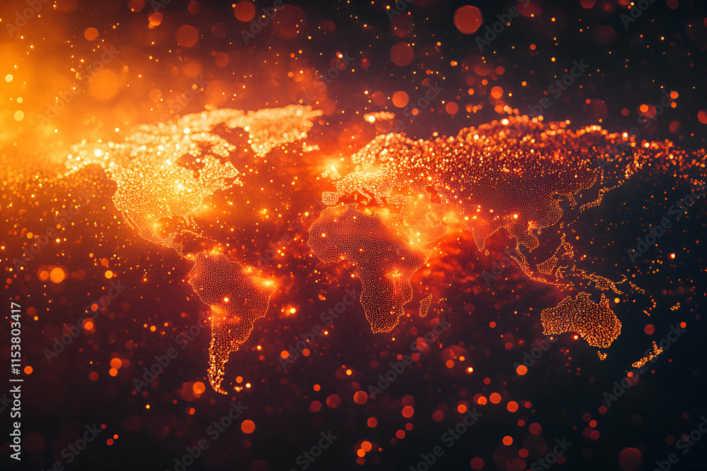 Poster global network, a sparkling world map illuminates interconnectivity, showing countries connected bri