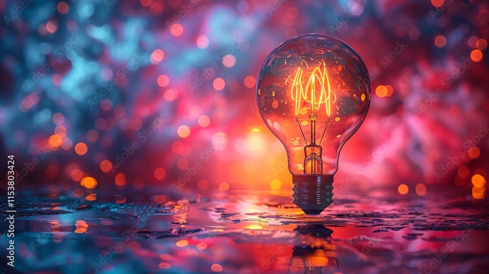Aufkleber glowing vintage lightbulb on reflective surface with colorful bokeh background.