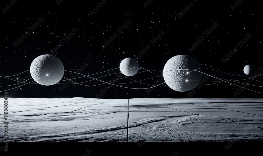 Poster a surreal lunar landscape featuring large spherical objects floating in a starry sky, creating a sen
