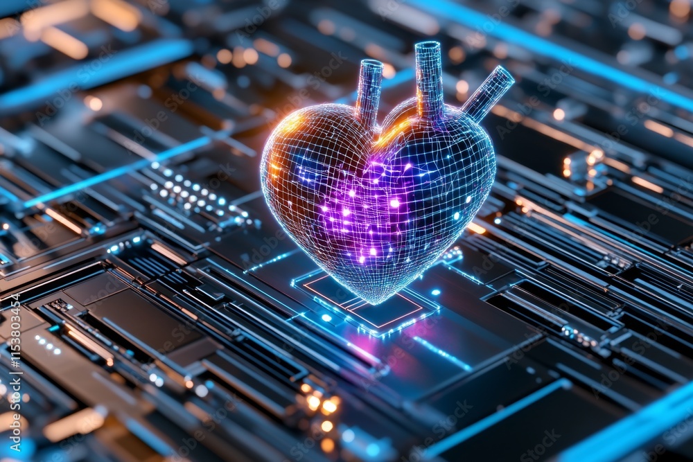 Poster a futuristic holographic heart, glowing with vibrant blue and purple light, floating above a high-te
