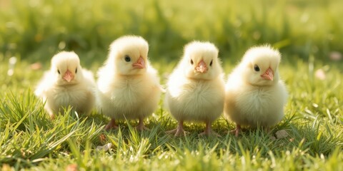 Adorable fluffy chicks on vibrant green grass, grass, springtime, pet