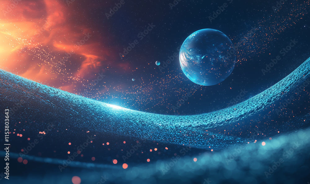 Poster cosmic scene featuring a glowing planet surrounded by vibrant particles and waves of light against a