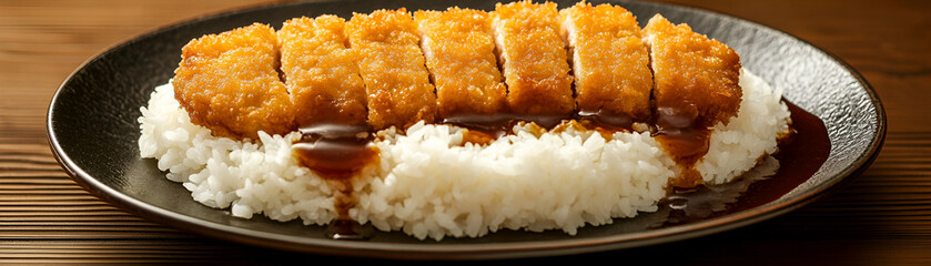 Crispy Fried Pork Cutlets on Rice with Savory Sauce, A Delicious Japanese Dish Served on a Plate.