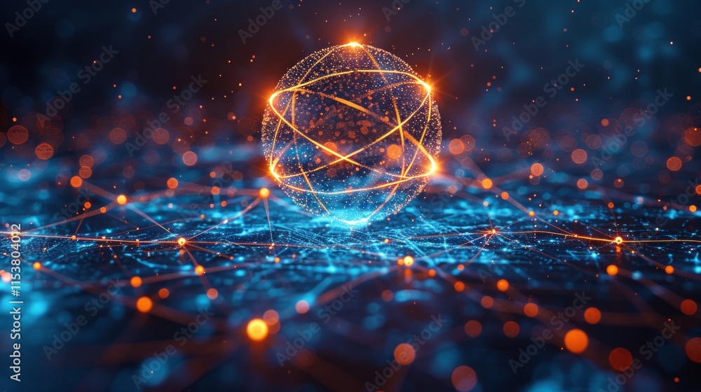 Poster glowing sphere with interconnected nodes on a dark background.