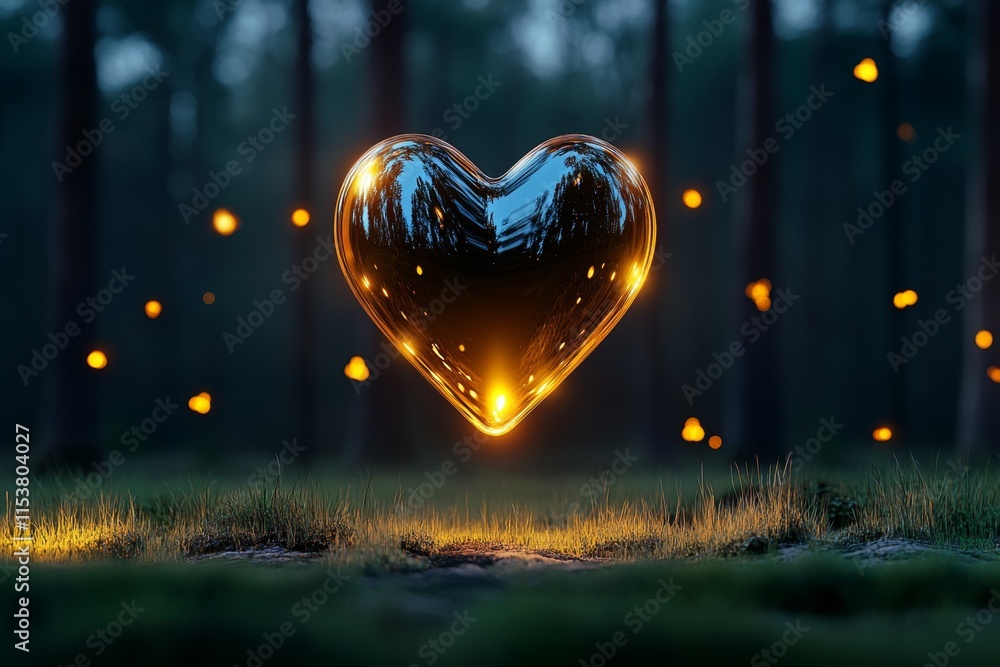 Poster a glowing crystal heart hovering in an enchanted forest, surrounded by fireflies, soft golden light,