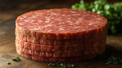 A stack of sliced salami on a wooden surface, showcasing its texture and color.