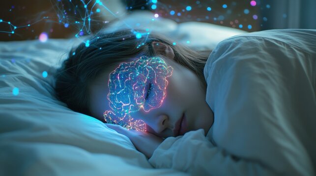 Sleeping young woman with a luminous brain outline symbolizing the connection between sleep and brain activity