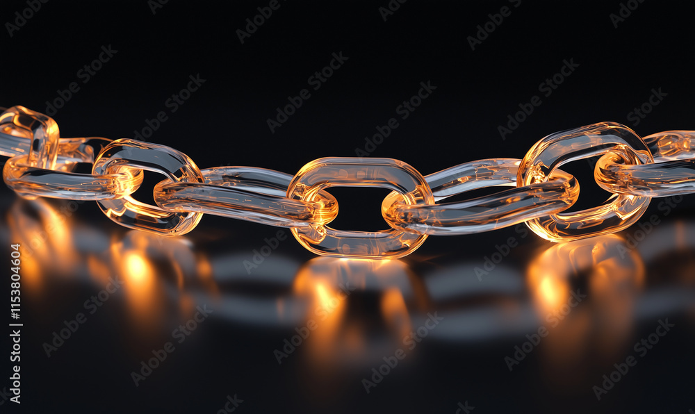 Poster a close-up of a transparent blockchain technology with glowing links, set against a dark background,