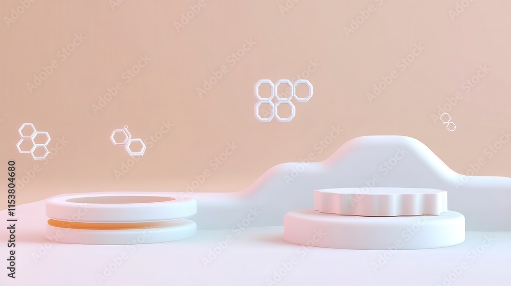 Poster a minimalistic, abstract design featuring geometric shapes in soft colors, creating a serene and mod