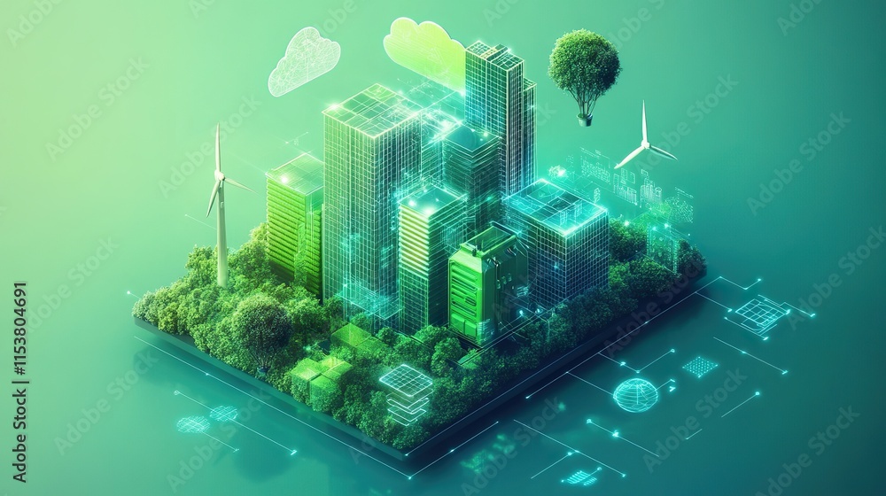 Poster isometric a futuristic representation of sustainable cloud infrastructure contributing to global env