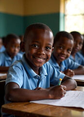 Black Children from the african village sit at desks in a classroom . Kids are in primary school. new image 