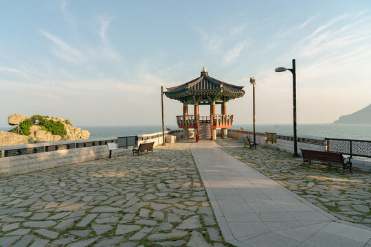 Busan, South Korea - May 25, 2017: view of Songiljeong Pavilion in Jukdo Park at the end of Songjeong Beach.