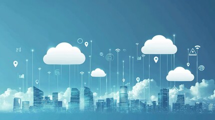 A futuristic skyline with data streams representing the seamless integration of cloud technology in urban life