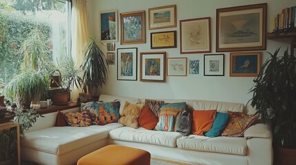 Cozy living room with gallery wall, sectional sofa, and plants.