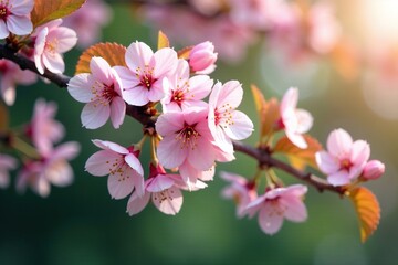 Obraz premium Delicate petals dangle from a serene cherry blossom tree, leaves, branches, foliage
