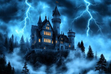 A gothic-style scene of a medieval castle under a stormy night sky, with lightning illuminating the dark stone walls