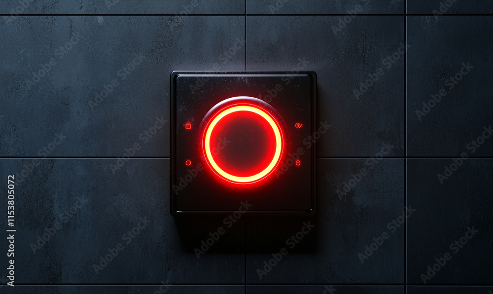 Poster bright red circular light against a dark textured wall, creating a striking visual contrast and a mo