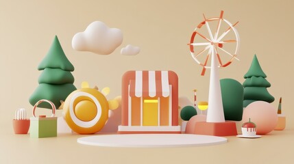 A whimsical 3D scene featuring a colorful shop, trees, a ferris wheel, and playful shapes, set against a soft beige background.
