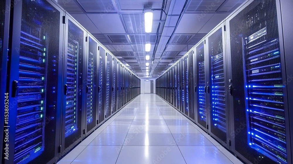 Poster a modern data center illustrating robust cloud hosting infrastructure, with glowing server racks in 