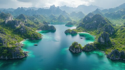 Aerial view of turquoise waters surrounding lush green islands and mountains under a cloudy sky.