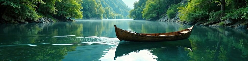 Fototapeta premium A wooden raft gliding across the serene surface of the river, nature, water, river